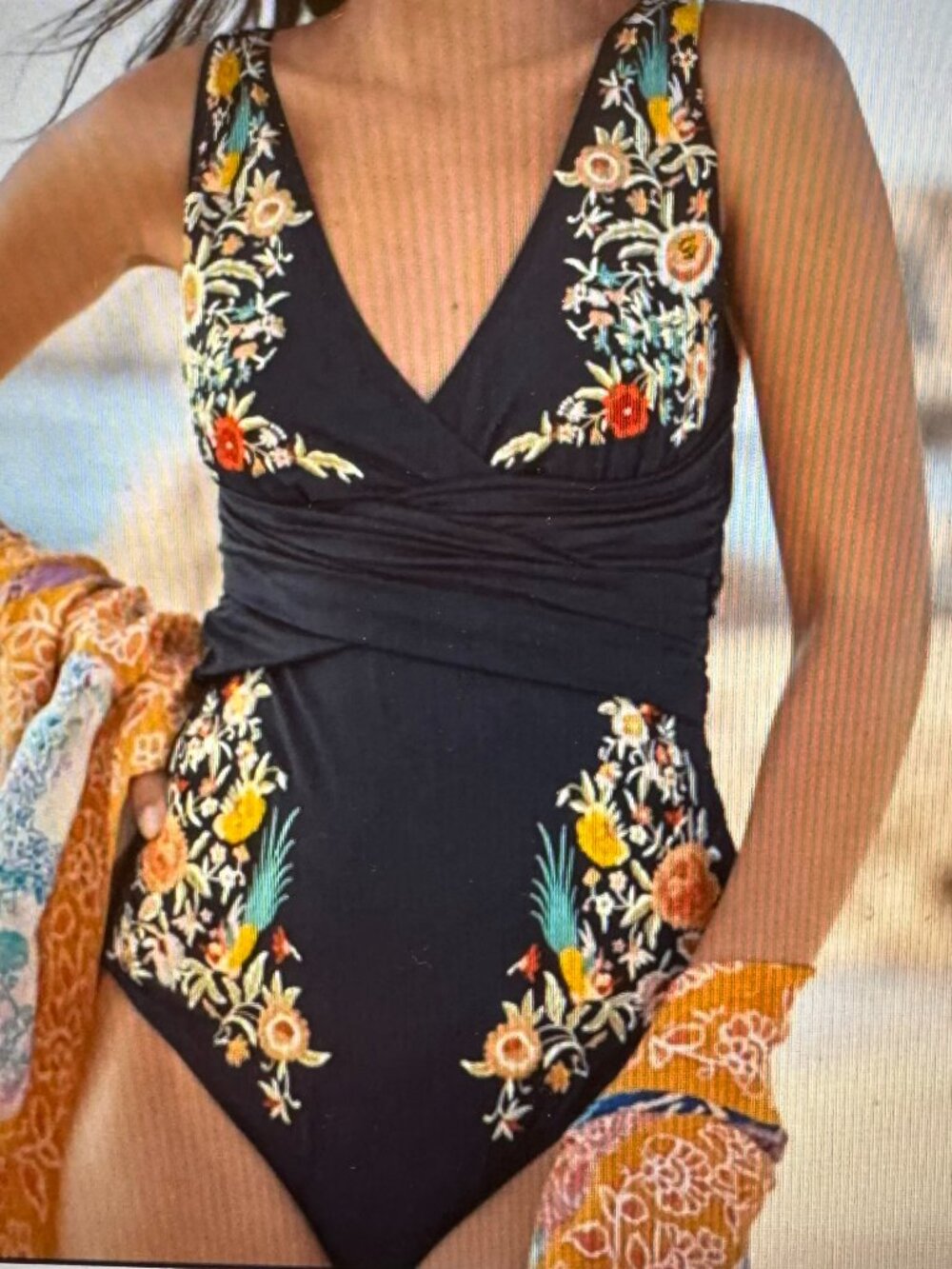 Beautifully embroidered black Sundance swimsuit, size L, in excellent condition